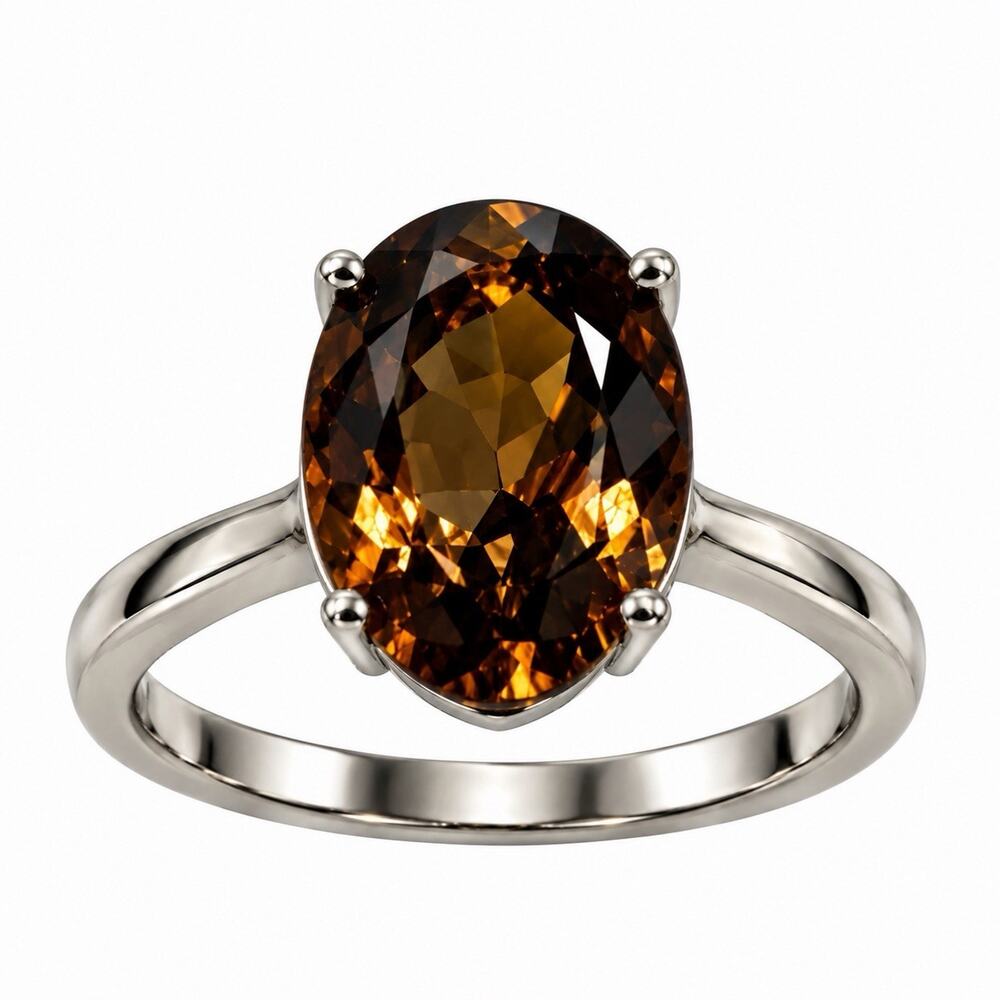 925 Sterling Silver Golden Cognac Brown Smoky Quartz Ring Size 6